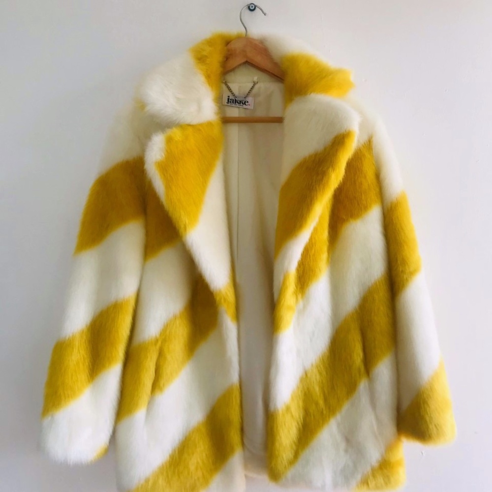 Striped Cream and Mustard Faux Fur Jacket